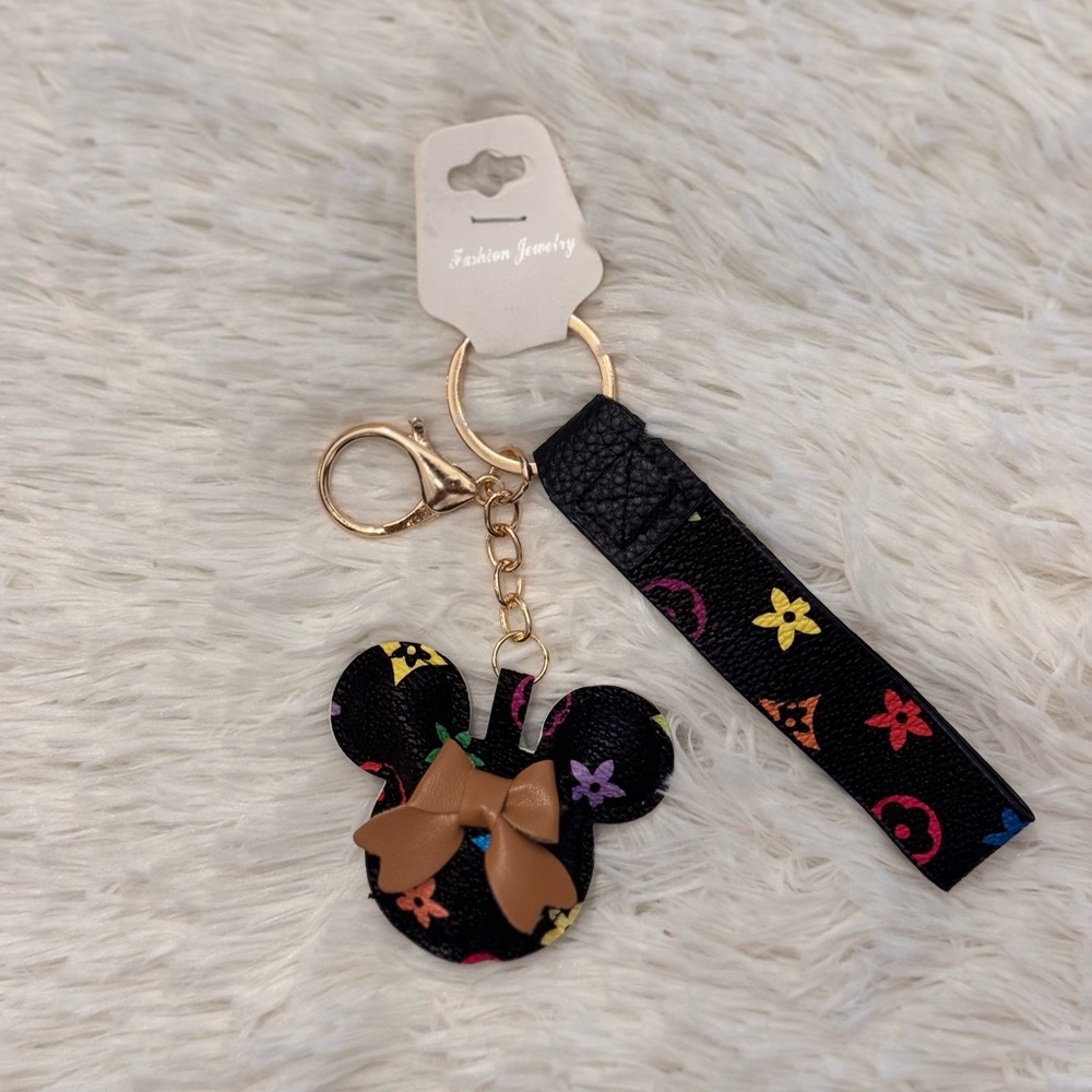Black Faux Leather Minnie Keychain Leather Strap in Wristlet with Brown Bow